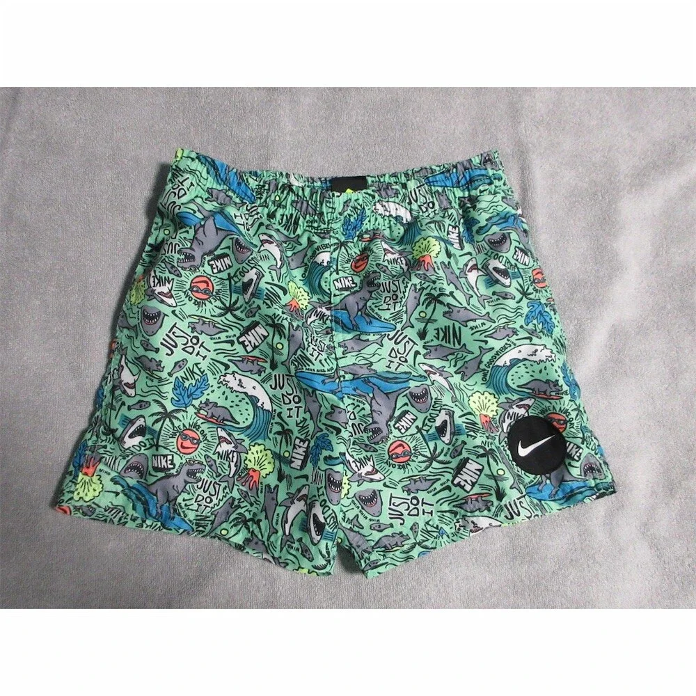 Nike Boys Swim Trunks Shorts Green Shark Party All-Over Print Youth M